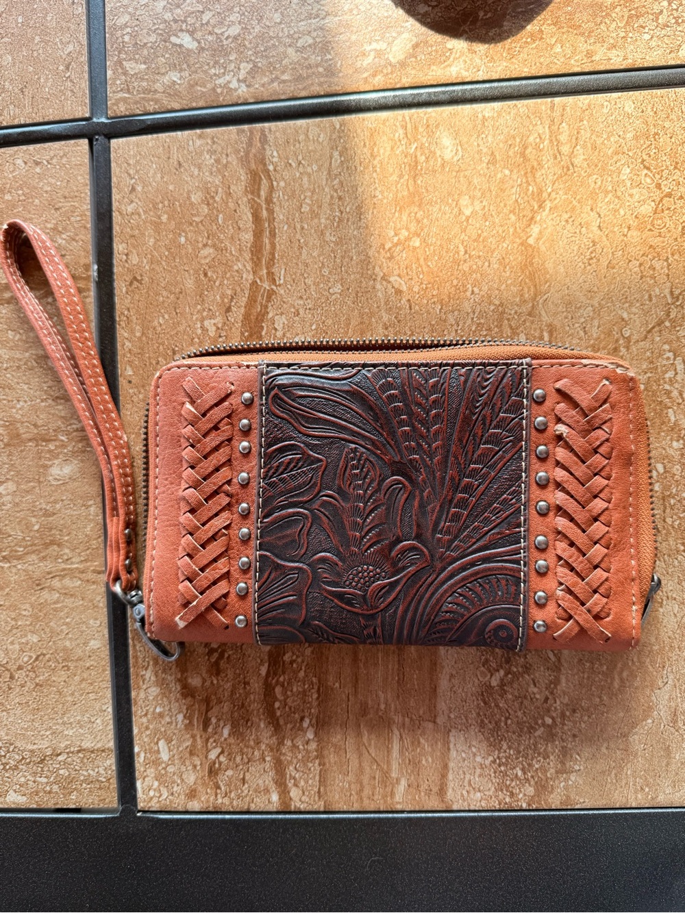 Leather Embossed Western Floral Wristlet Wallet